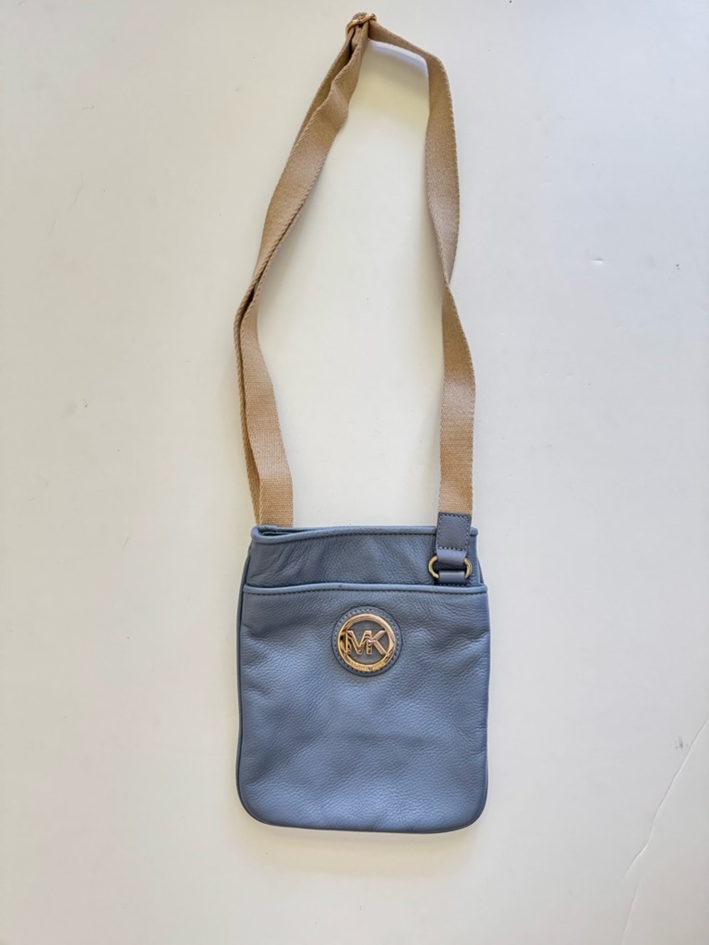 Michael Kors Light Blue Fulton Pebbled Leather Crossbody Bag with Tan Strap